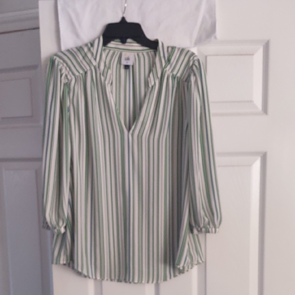 cabi #5893 Awning Stripe Blouse Size Med. Green White Stripe 3/4 Length Sleeves